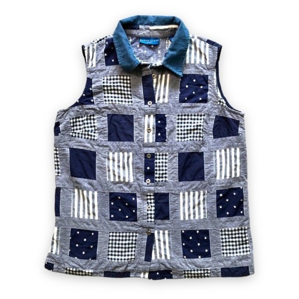 Karen Scott Sport Blue Patchwork Sleeveless Button Up Top Stars Stripes Medium